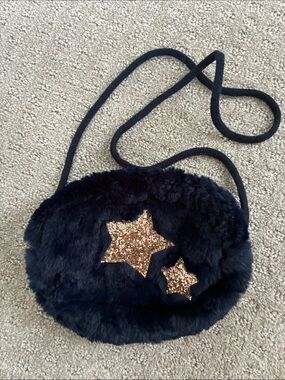 J. Crew Navy Faux Fur Crossbody with Gold Glitter Stars